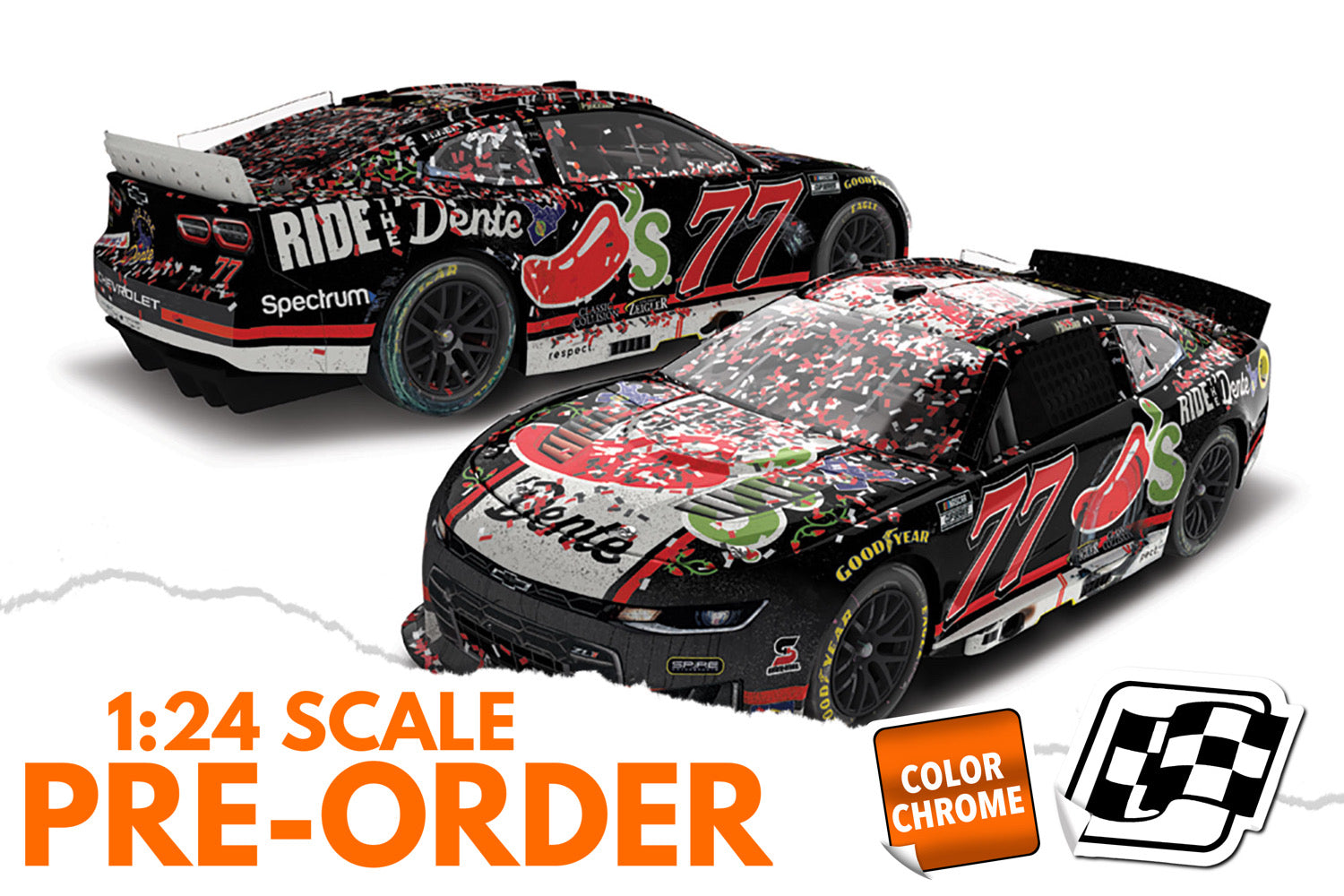 2026 Carson Hocevar 1:24 Chili’s Ride the Dente Talladega Race Win COLOR CHROME Diecast