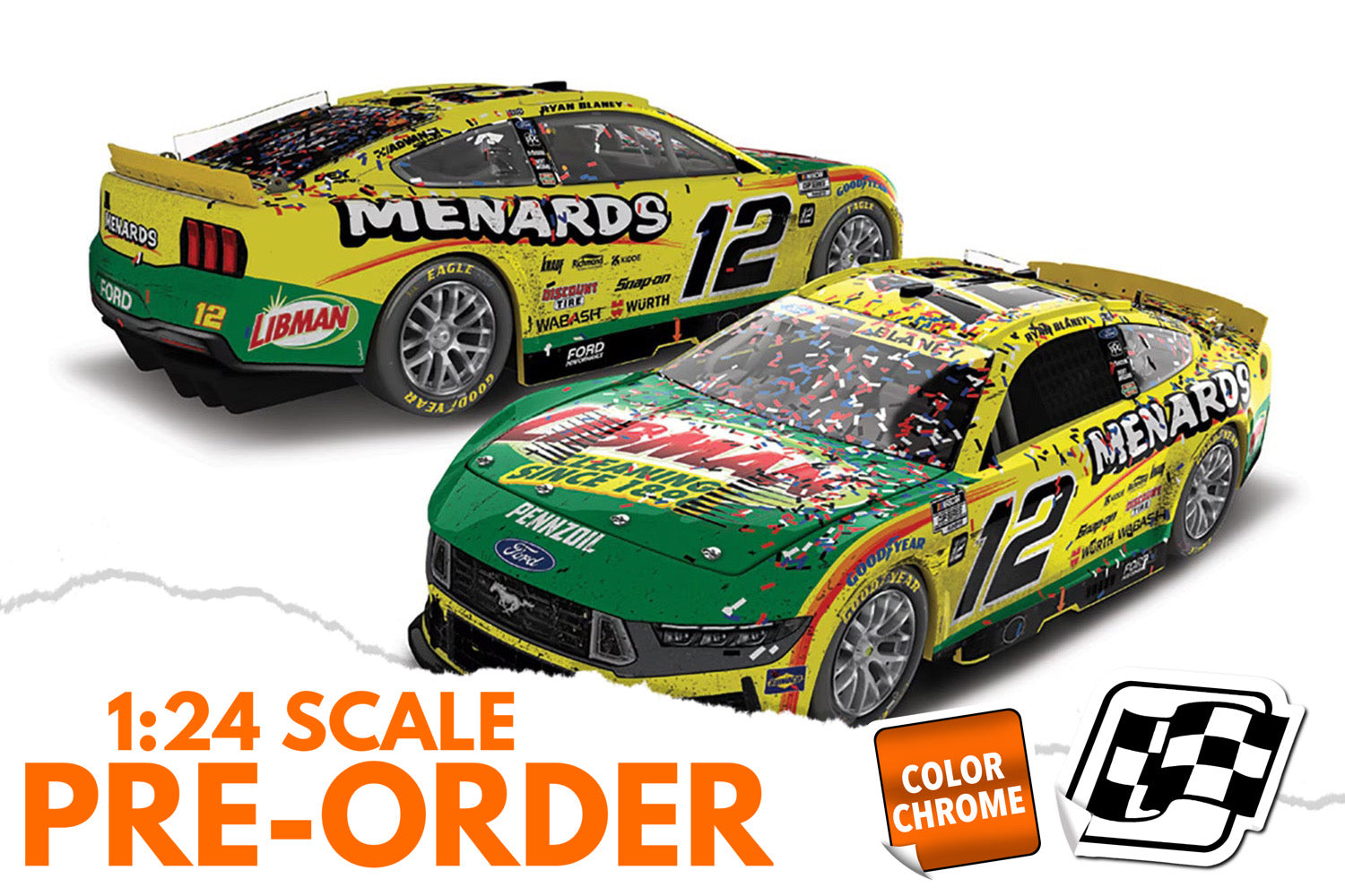 2025 Ryan Blaney 1:24 Menards / Libman New Hampshire Race Win COLOR CHROME Diecast