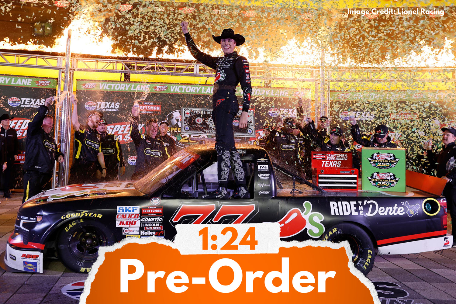 2026 Carson Hocevar 1:24 Chili’s Ride the Dente Texas Race Win Diecast
