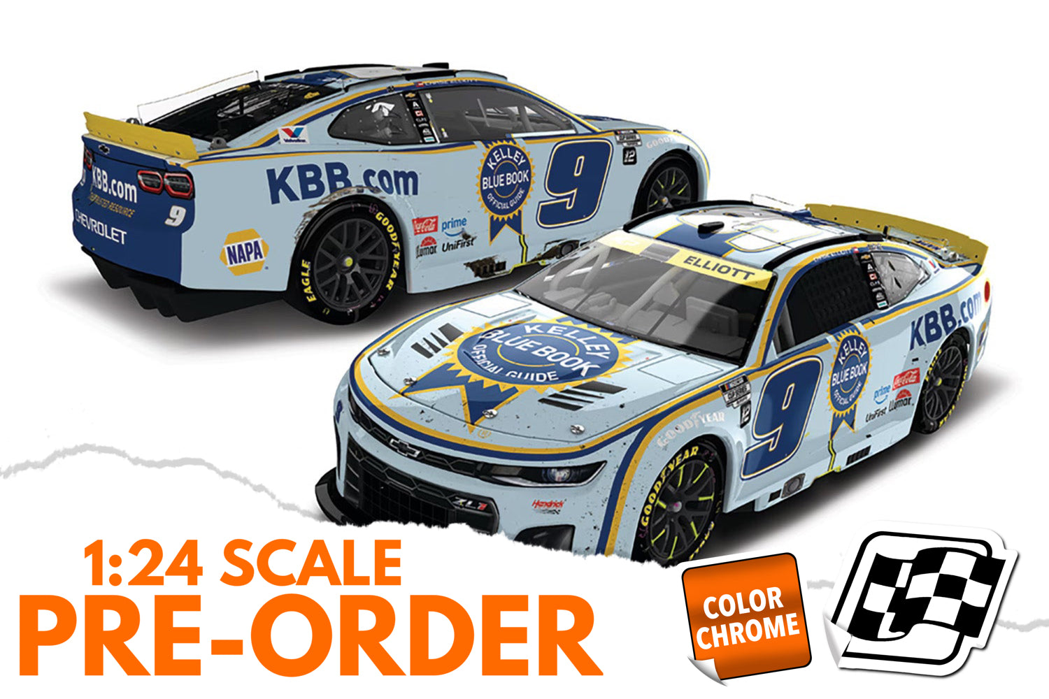 2025 Chase Elliott 1:24 Kelley Blue Book Kansas Race Win COLOR CHROME Diecast