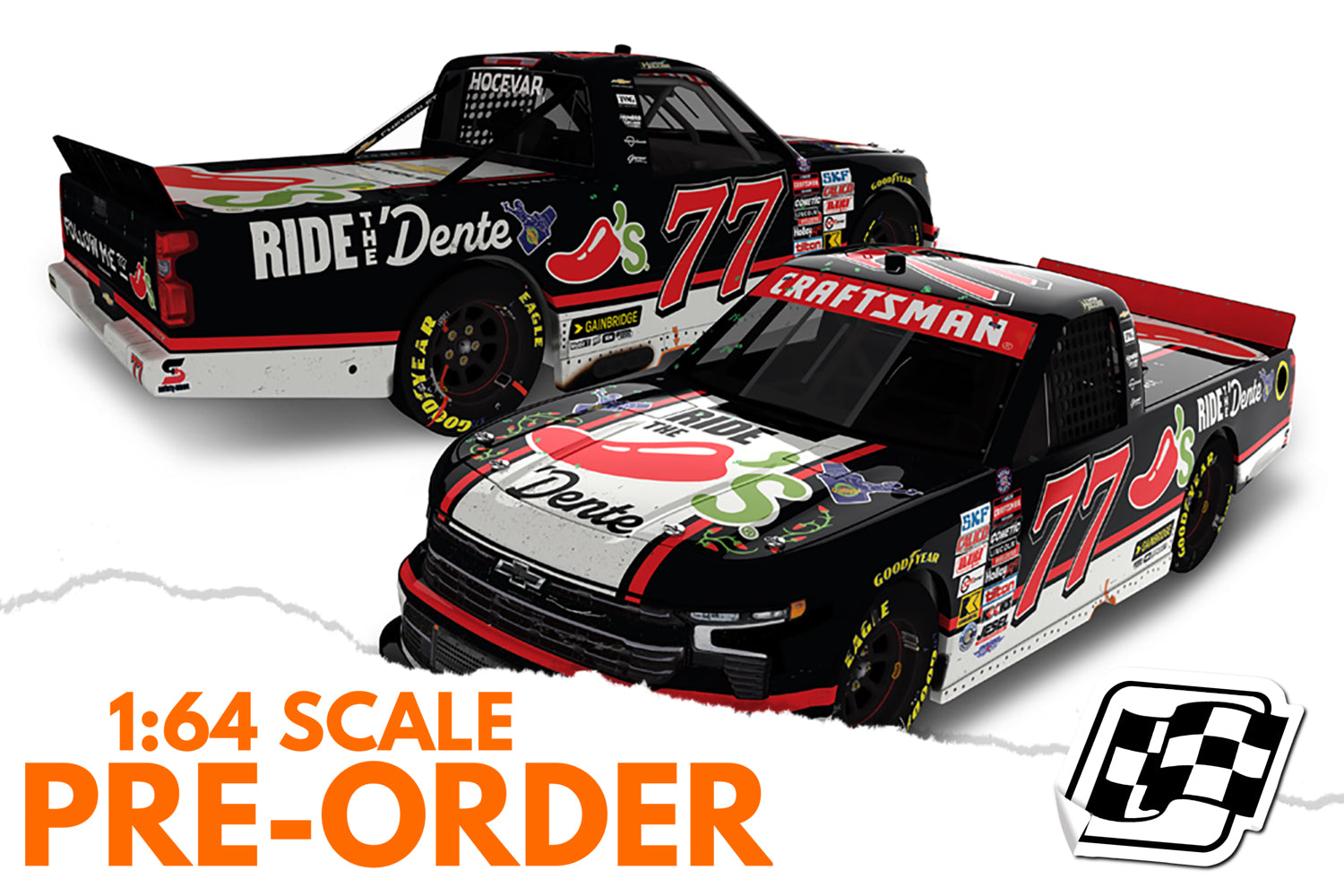 2026 Carson Hocevar 1:64 Chili’s Ride the Dente Texas Race Win Diecast