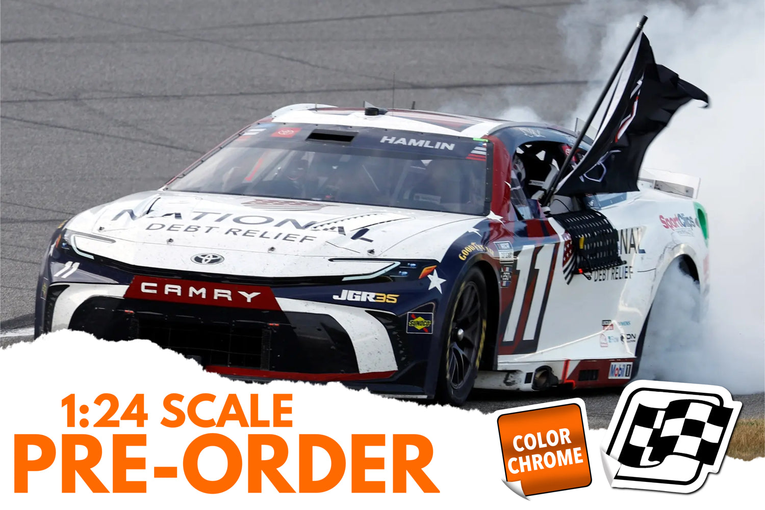 2026 Denny Hamlin 1:24 National Debt Relief Michigan Race Win COLOR CHROME Diecast