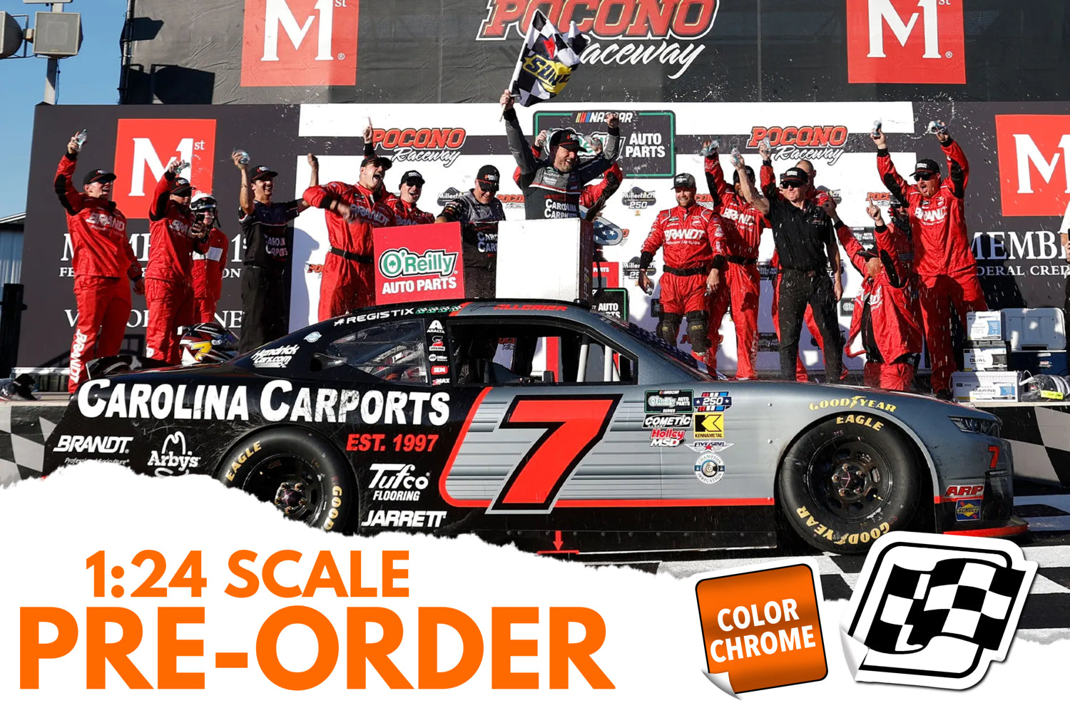 2026 Justin Allgaier 1:24 Carolina Carports Pocono Race Win COLOR CHROME Diecast